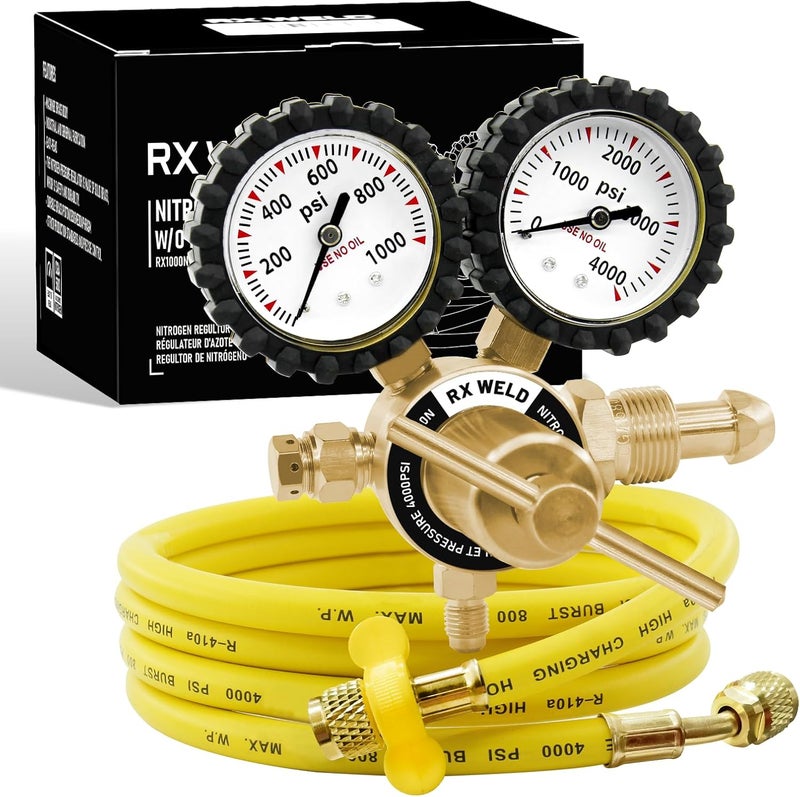 RX WELD Nitrogen Regulator with 0-1000 PSI CGA580 Inlet, Delivery Pressure Equipment Brass Inlet Outlet Connection Gauges with Refrigeration Hose - Image 1